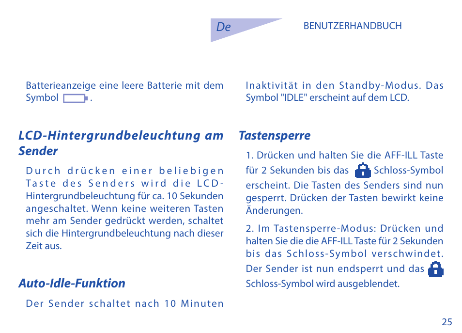 Lcd-hintergrundbeleuchtung am sender, Auto-idle-funktion, Tastensperre | Phottix Strato TTL for Nikon User Manual | Page 25 / 160