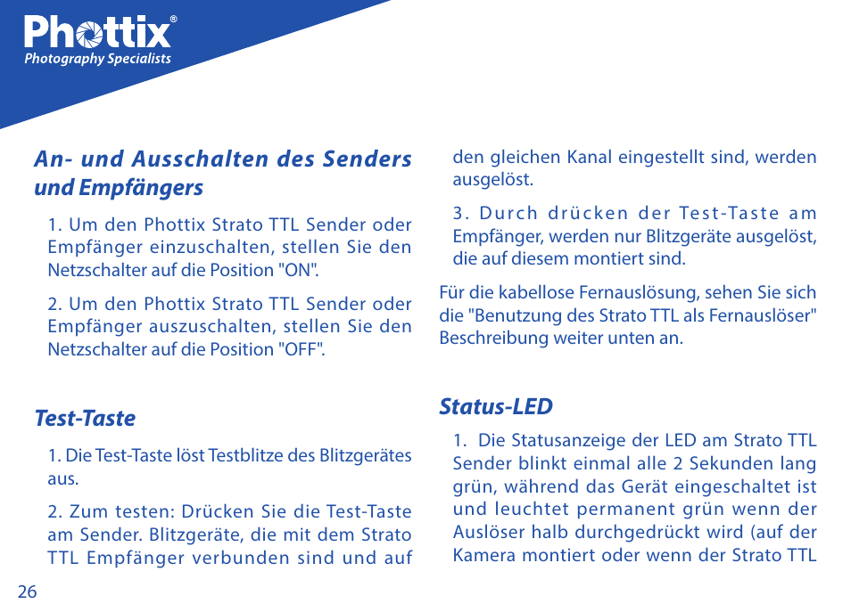 An- und ausschalten des senders und empfängers, Test-taste, Status-led | Phottix Strato TTL for Nikon User Manual | Page 26 / 160