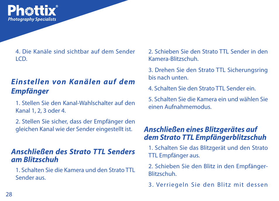 Einstellen von kanälen auf dem empfänger, Anschließen des strato ttl senders am blitzschuh | Phottix Strato TTL for Nikon User Manual | Page 28 / 160
