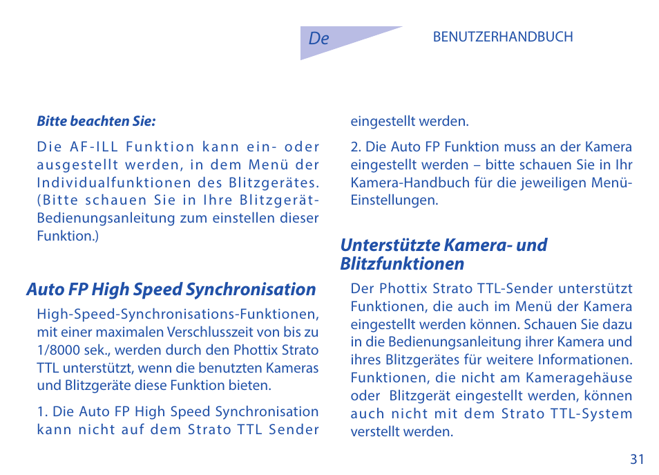 Auto fp high speed synchronisation, Unterstützte kamera- und blitzfunktionen | Phottix Strato TTL for Nikon User Manual | Page 31 / 160