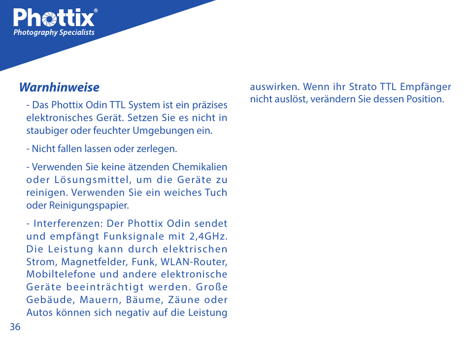 Warnhinweise | Phottix Strato TTL for Nikon User Manual | Page 36 / 160