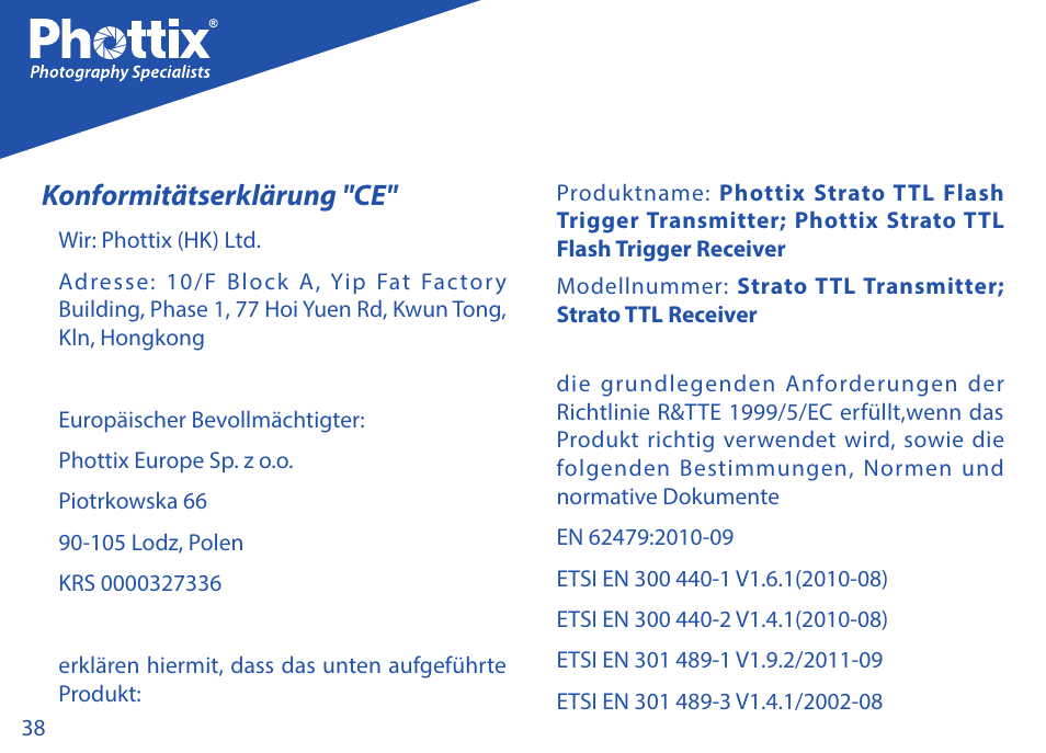 Konformitätserklärung "ce | Phottix Strato TTL for Nikon User Manual | Page 38 / 160