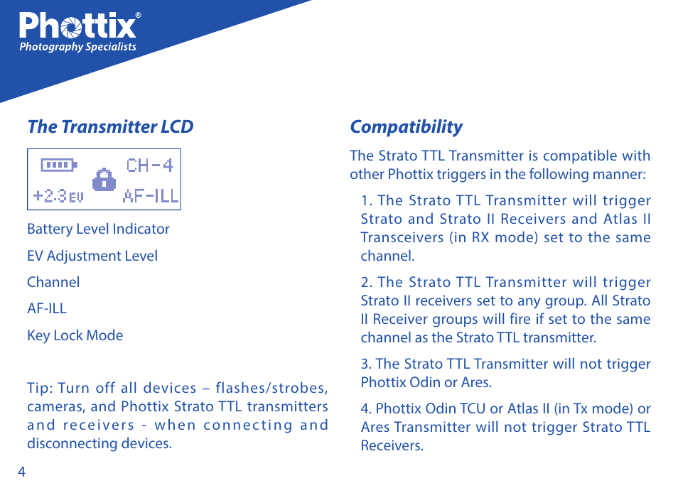 The transmitter lcd, Compatibility | Phottix Strato TTL for Nikon User Manual | Page 4 / 160