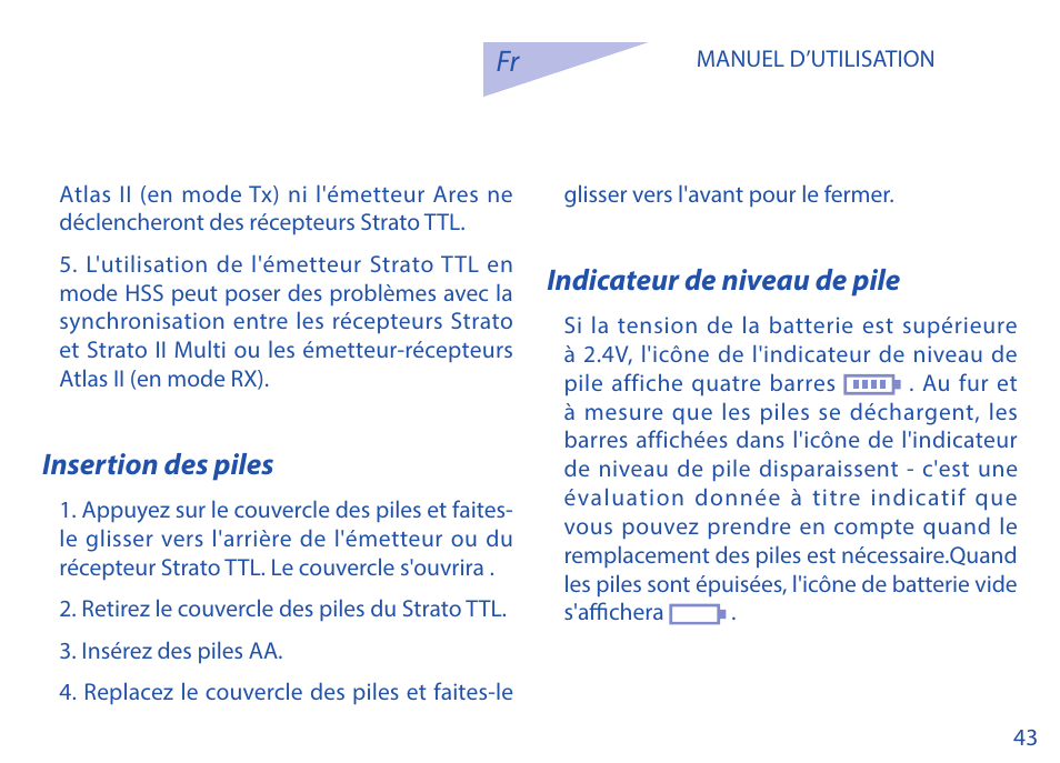 Insertion des piles, Indicateur de niveau de pile | Phottix Strato TTL for Nikon User Manual | Page 43 / 160