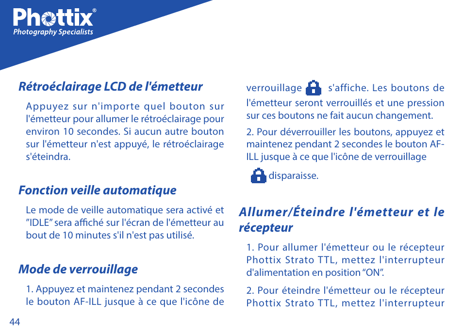Rétroéclairage lcd de l'émetteur, Fonction veille automatique, Mode de verrouillage | Allumer/éteindre l'émetteur et le récepteur | Phottix Strato TTL for Nikon User Manual | Page 44 / 160