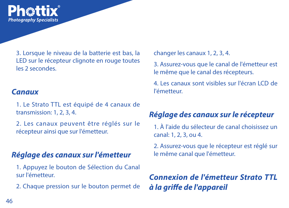 Canaux, Réglage des canaux sur l'émetteur, Réglage des canaux sur le récepteur | Phottix Strato TTL for Nikon User Manual | Page 46 / 160