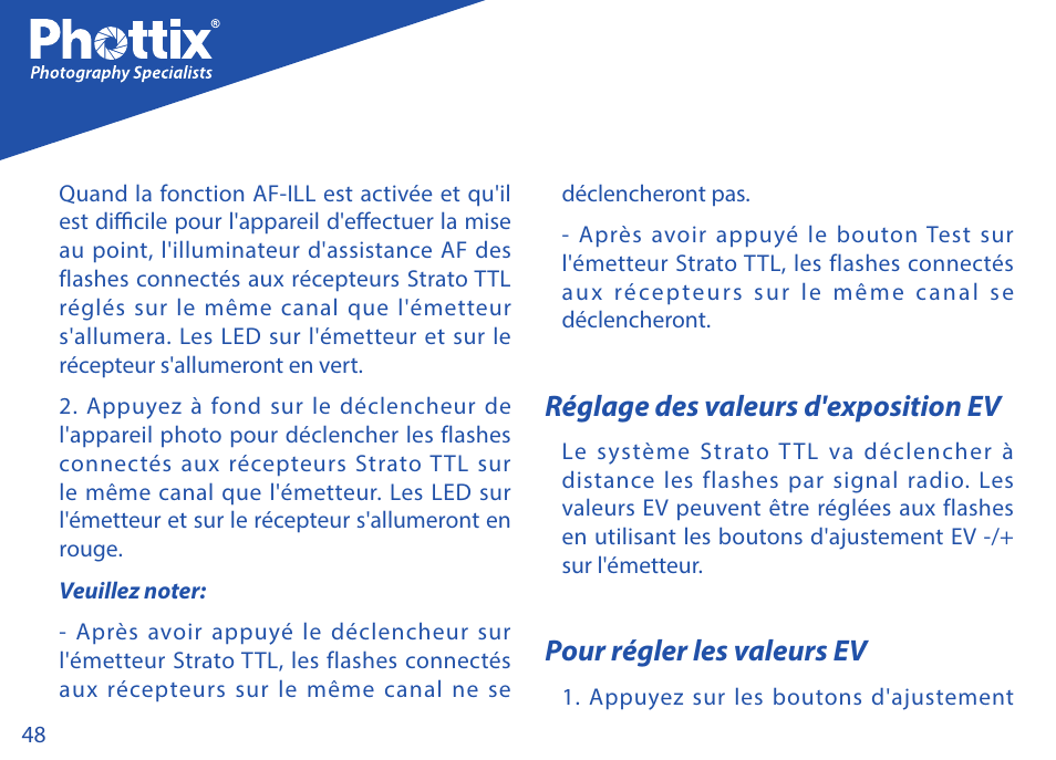 Réglage des valeurs d'exposition ev, Pour régler les valeurs ev | Phottix Strato TTL for Nikon User Manual | Page 48 / 160