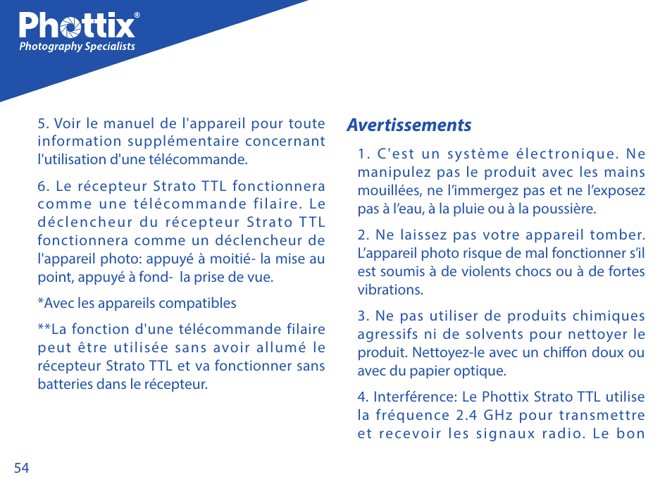 Avertissements | Phottix Strato TTL for Nikon User Manual | Page 54 / 160