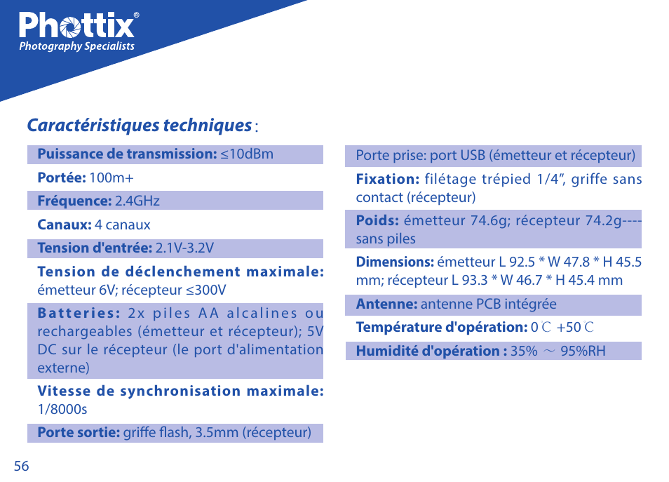 Caractéristiques techniques | Phottix Strato TTL for Nikon User Manual | Page 56 / 160