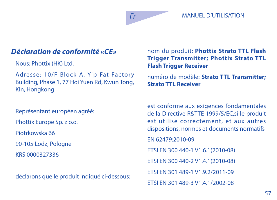 Fr déclaration de conformité «ce | Phottix Strato TTL for Nikon User Manual | Page 57 / 160