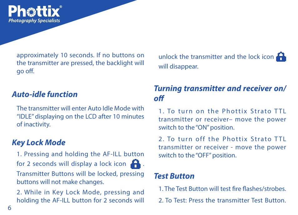 Auto-idle function, Key lock mode, Turning transmitter and receiver on/ off | Test button | Phottix Strato TTL for Nikon User Manual | Page 6 / 160
