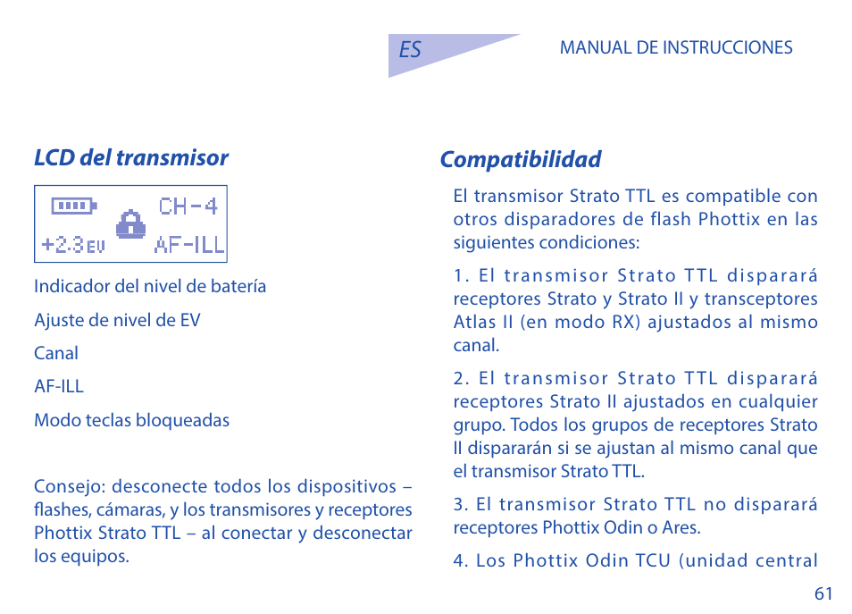 Es lcd del transmisor, Compatibilidad | Phottix Strato TTL for Nikon User Manual | Page 61 / 160