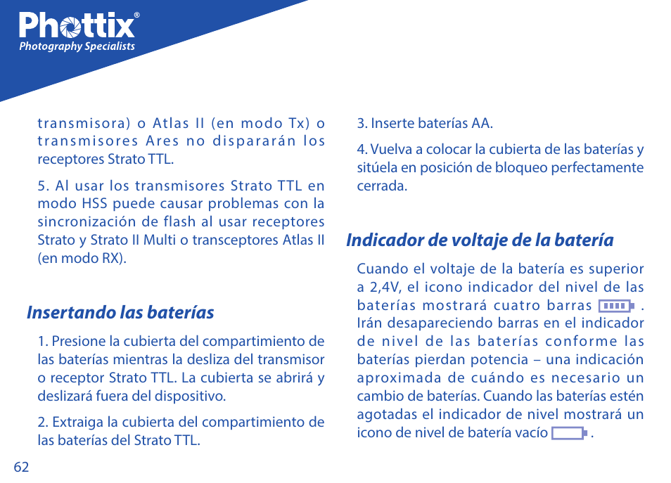 Insertando las baterías, Indicador de voltaje de la batería | Phottix Strato TTL for Nikon User Manual | Page 62 / 160