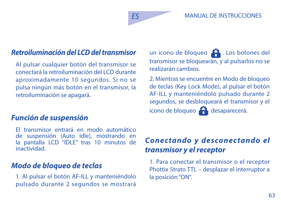 Es retroiluminación del lcd del transmisor, Función de suspensión, Modo de bloqueo de teclas | Phottix Strato TTL for Nikon User Manual | Page 63 / 160