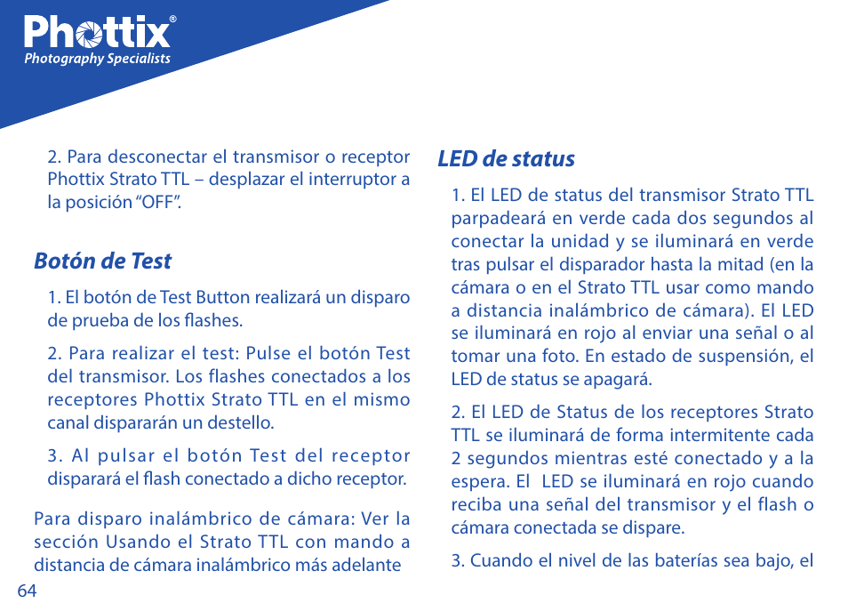 Botón de test, Led de status | Phottix Strato TTL for Nikon User Manual | Page 64 / 160