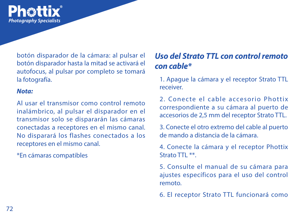 Uso del strato ttl con control remoto con cable | Phottix Strato TTL for Nikon User Manual | Page 72 / 160