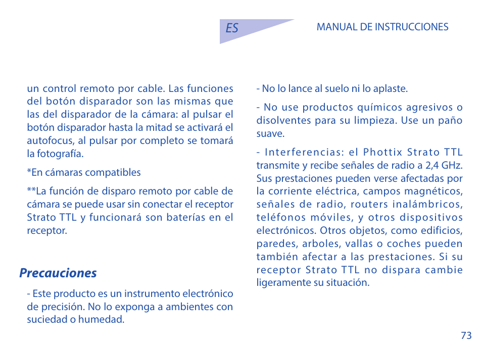 Precauciones | Phottix Strato TTL for Nikon User Manual | Page 73 / 160