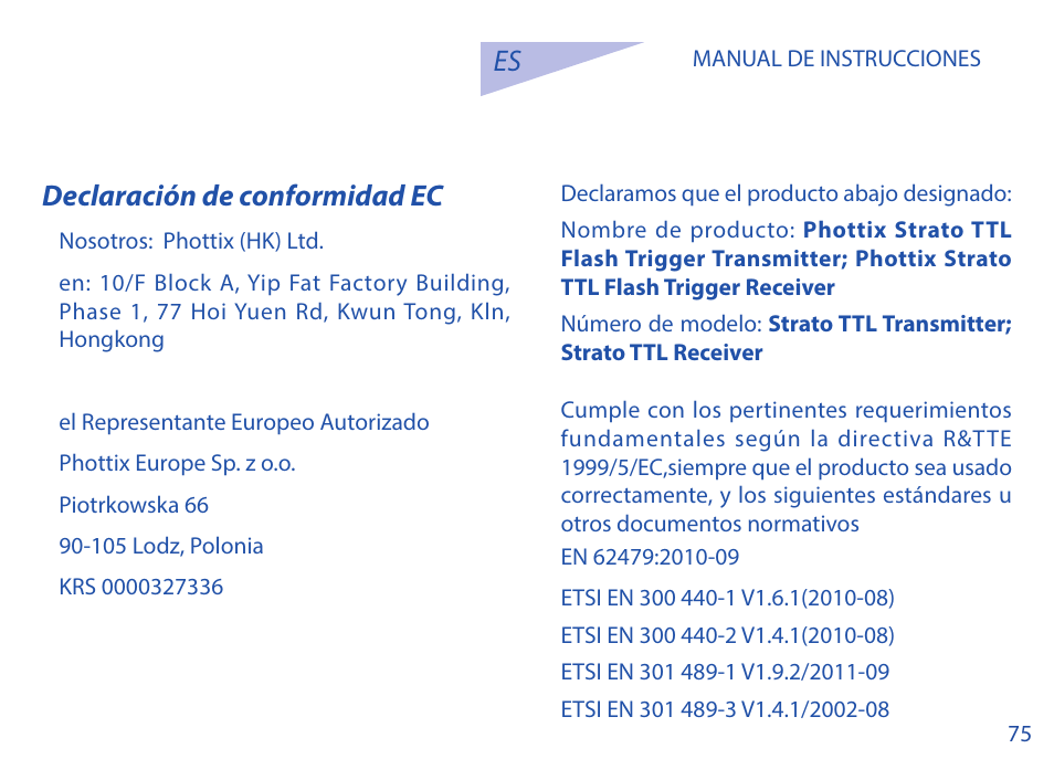 Es declaración de conformidad ec | Phottix Strato TTL for Nikon User Manual | Page 75 / 160
