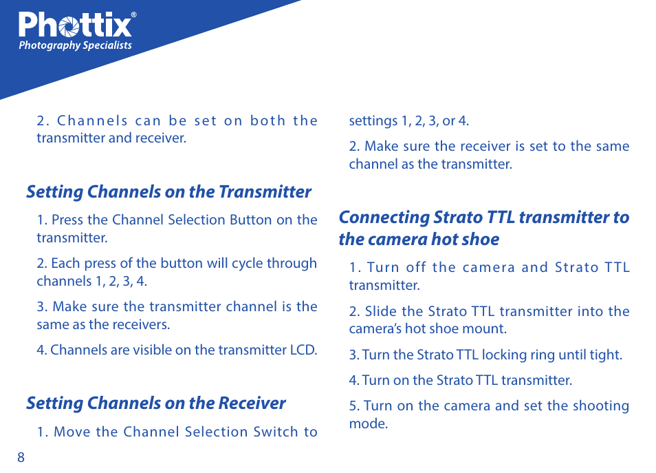 Setting channels on the transmitter, Setting channels on the receiver | Phottix Strato TTL for Nikon User Manual | Page 8 / 160