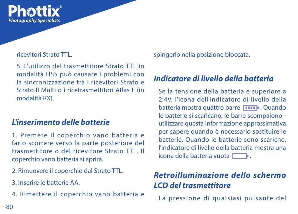 L'inserimento delle batterie, Indicatore di livello della batteria | Phottix Strato TTL for Nikon User Manual | Page 80 / 160