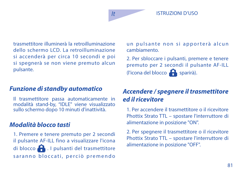 Funzione di standby automatico, Modalità blocco tasti | Phottix Strato TTL for Nikon User Manual | Page 81 / 160
