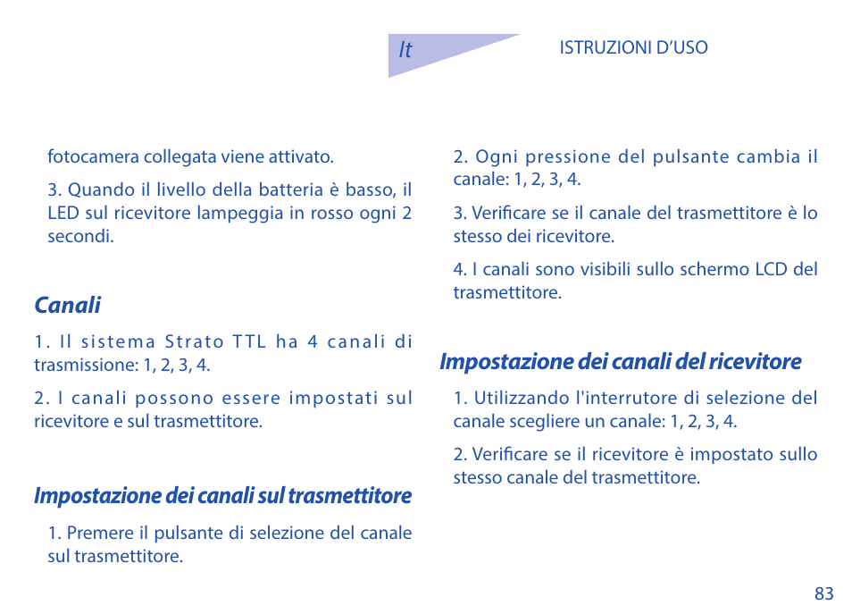 Canali, Impostazione dei canali sul trasmettitore, Impostazione dei canali del ricevitore | Phottix Strato TTL for Nikon User Manual | Page 83 / 160