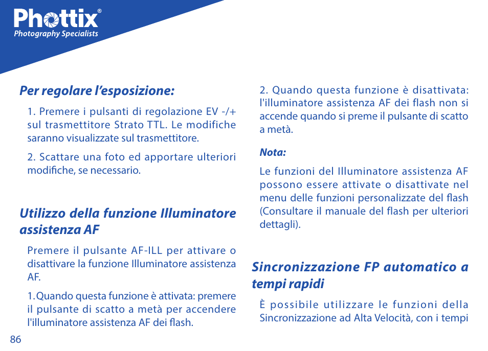 Per regolare l’esposizione, Utilizzo della funzione illuminatore assistenza af, Sincronizzazione fp automatico a tempi rapidi | Phottix Strato TTL for Nikon User Manual | Page 86 / 160