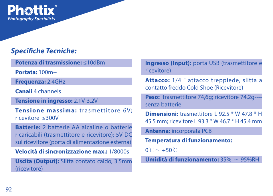 Specifiche tecniche | Phottix Strato TTL for Nikon User Manual | Page 92 / 160