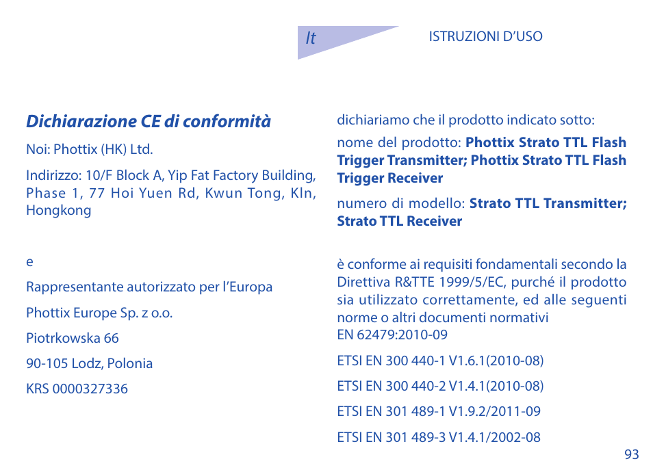 It dichiarazione ce di conformità | Phottix Strato TTL for Nikon User Manual | Page 93 / 160