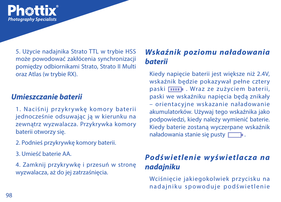 Umieszczanie baterii, Wskaźnik poziomu naładowania baterii, Podświetlenie wyświetlacza na nadajniku | Phottix Strato TTL for Nikon User Manual | Page 98 / 160