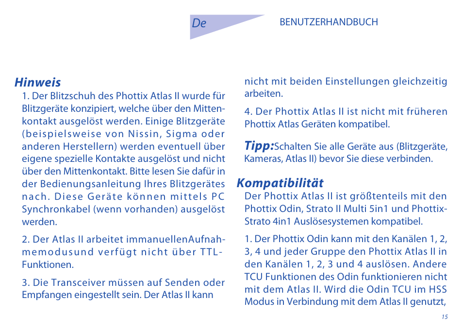 Tipp, Hinweis kompatibilität | Phottix Atlas II User Manual | Page 15 / 94