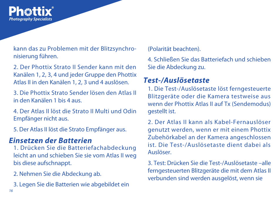 Einsetzen der batterien test-/auslösetaste | Phottix Atlas II User Manual | Page 16 / 94