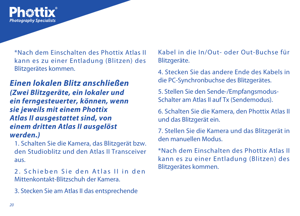 Einen lokalen blitz anschließen | Phottix Atlas II User Manual | Page 20 / 94