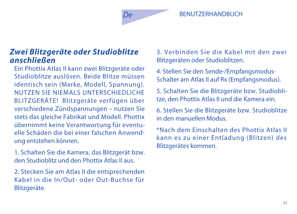 Zwei blitzgeräte oder studioblitze anschließen | Phottix Atlas II User Manual | Page 21 / 94