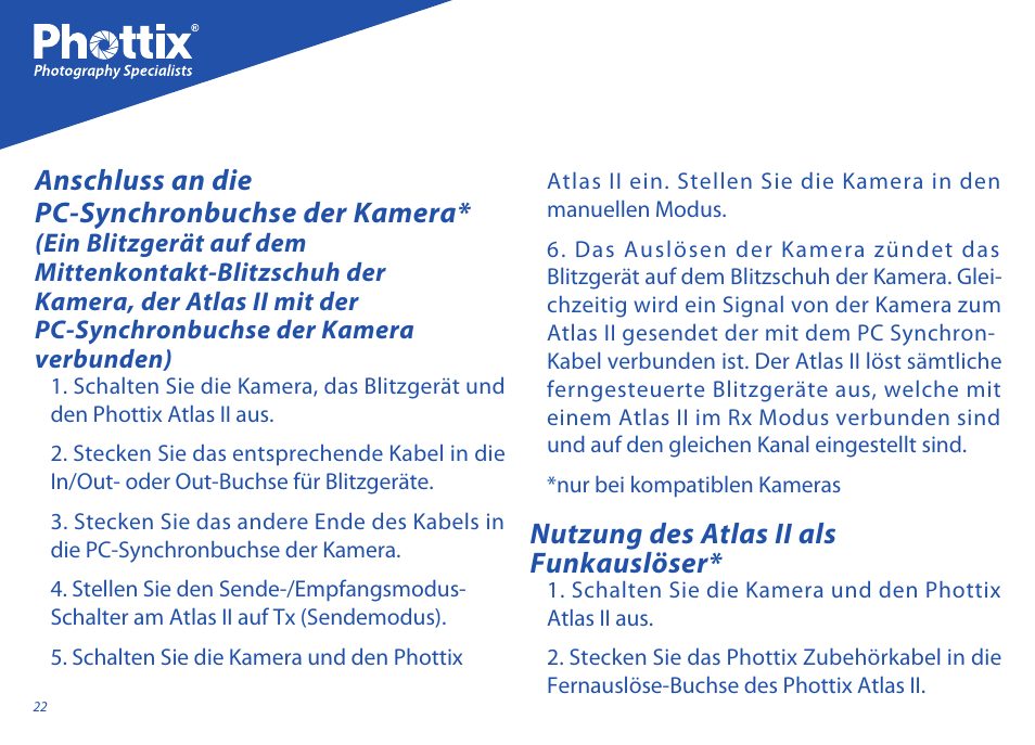 Nutzung des atlas ii als funkauslöser, Anschluss an die pc-synchronbuchse der kamera | Phottix Atlas II User Manual | Page 22 / 94