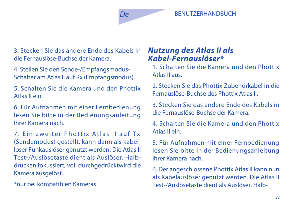 Nutzung des atlas ii als kabel-fernauslöser | Phottix Atlas II User Manual | Page 23 / 94