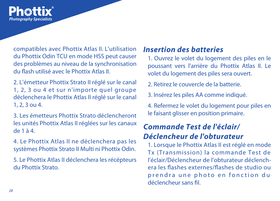 Insertion des batteries | Phottix Atlas II User Manual | Page 28 / 94