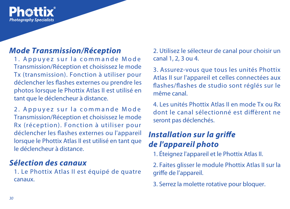 Mode transmission/réception, Sélection des canaux, Installation sur la griffe de l'appareil photo | Phottix Atlas II User Manual | Page 30 / 94