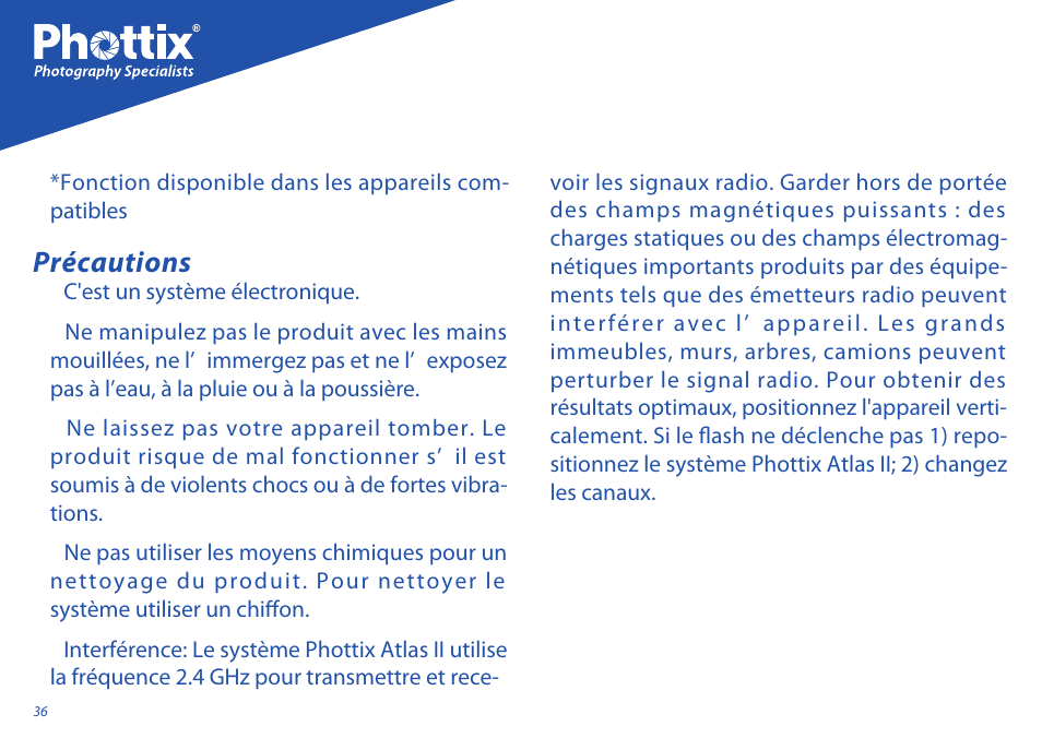 Précautions | Phottix Atlas II User Manual | Page 36 / 94