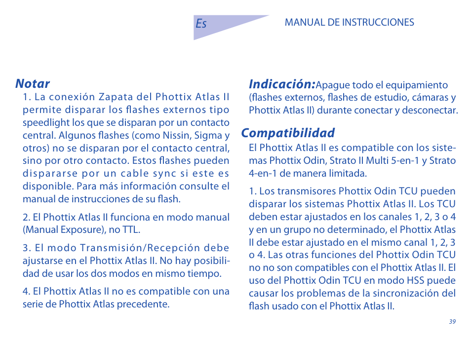 Notar indicación, Compatibilidad | Phottix Atlas II User Manual | Page 39 / 94