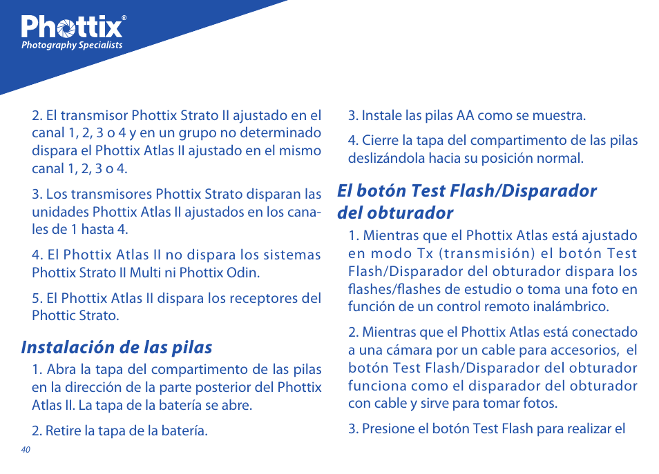 Instalación de las pilas, El botón test flash/disparador del obturador | Phottix Atlas II User Manual | Page 40 / 94