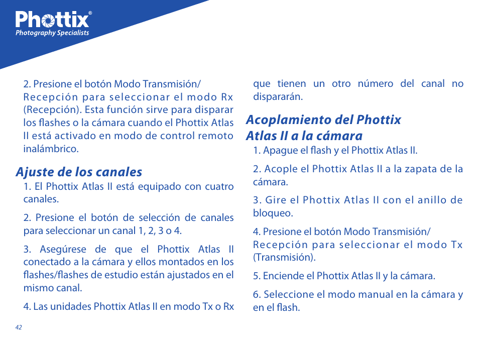 Ajuste de los canales, Acoplamiento del phottix atlas ii a la cámara | Phottix Atlas II User Manual | Page 42 / 94