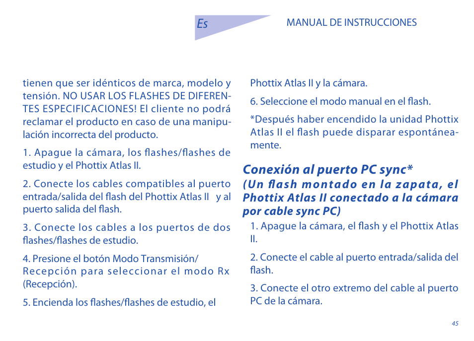 Conexión al puerto pc sync | Phottix Atlas II User Manual | Page 45 / 94