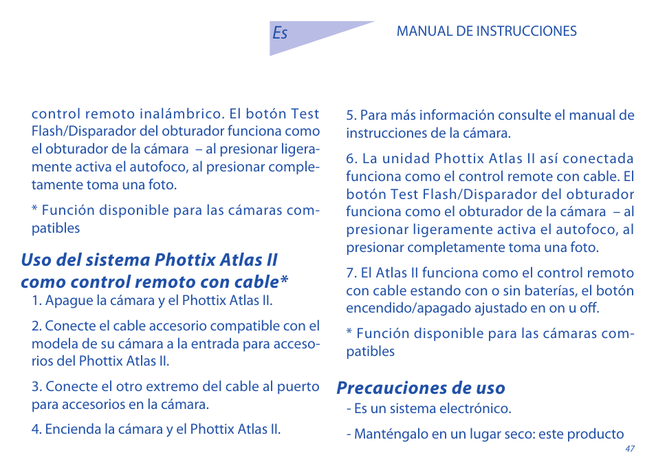 Precauciones de uso es | Phottix Atlas II User Manual | Page 47 / 94