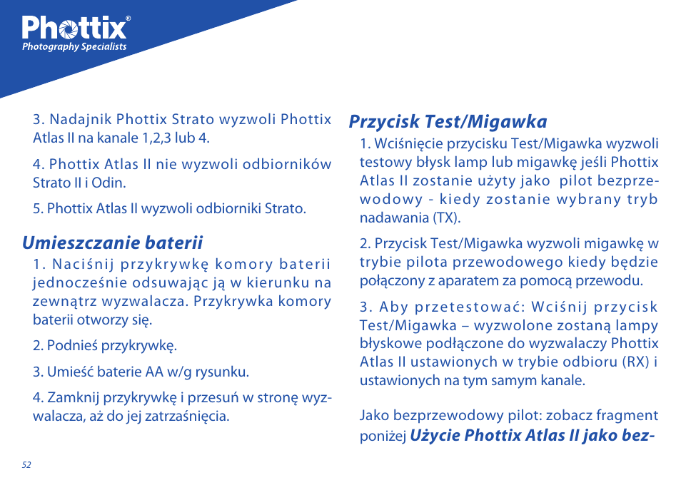 Umieszczanie baterii, Przycisk test/migawka | Phottix Atlas II User Manual | Page 52 / 94