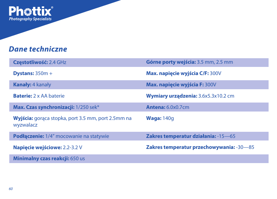 Dane techniczne | Phottix Atlas II User Manual | Page 60 / 94