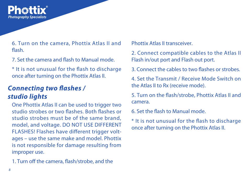 Connecting two flashes / studio lights | Phottix Atlas II User Manual | Page 8 / 94