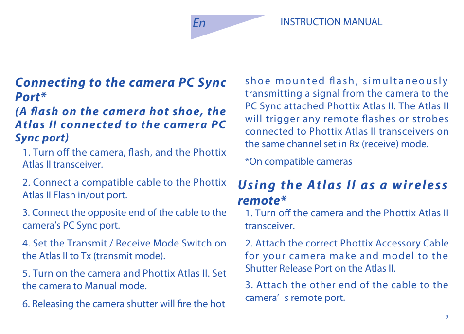 Connecting to the camera pc sync port, Using the atlas ii as a wireless remote | Phottix Atlas II User Manual | Page 9 / 94