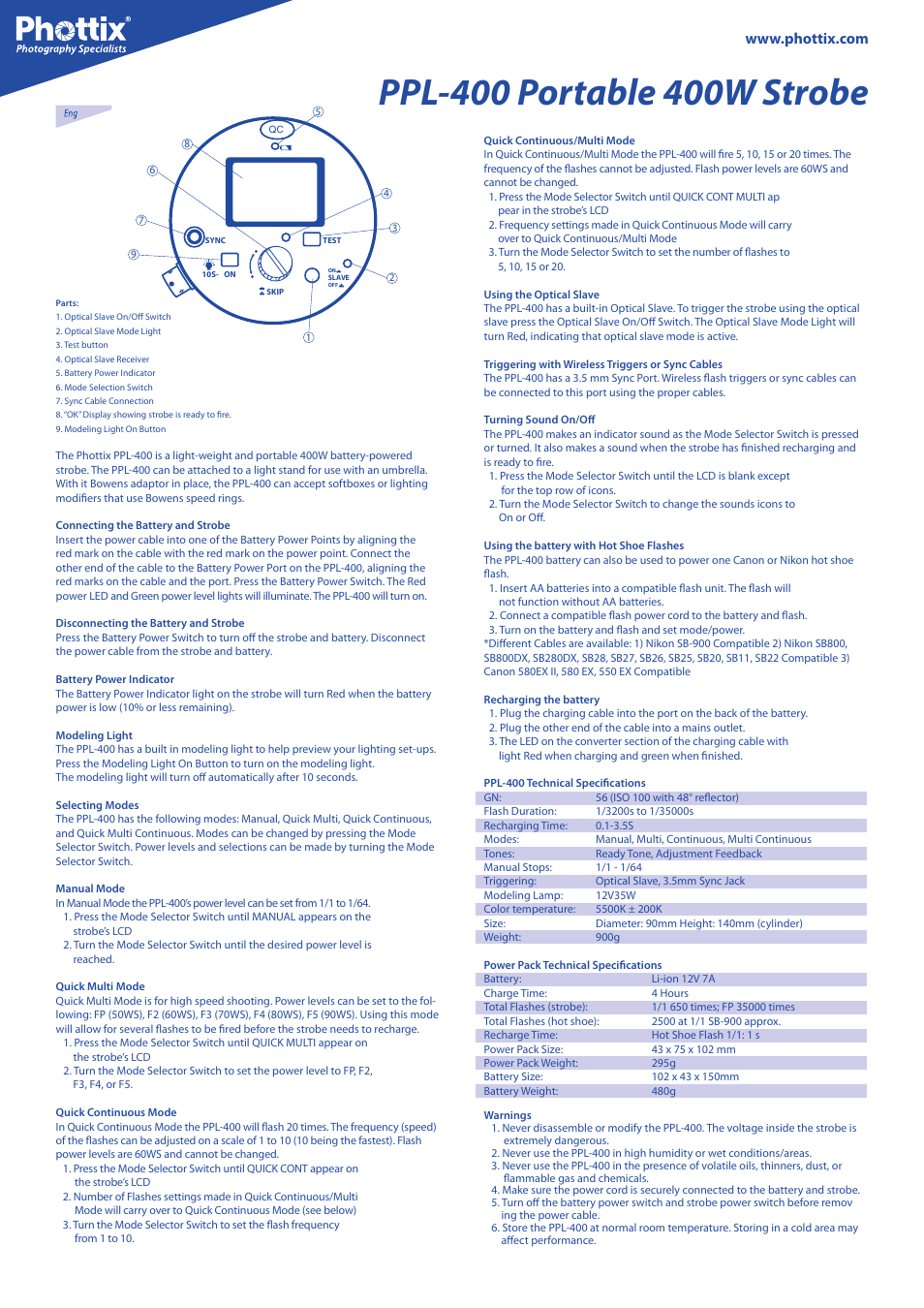 Phottix PPL-400 Strobe User Manual | 2 pages