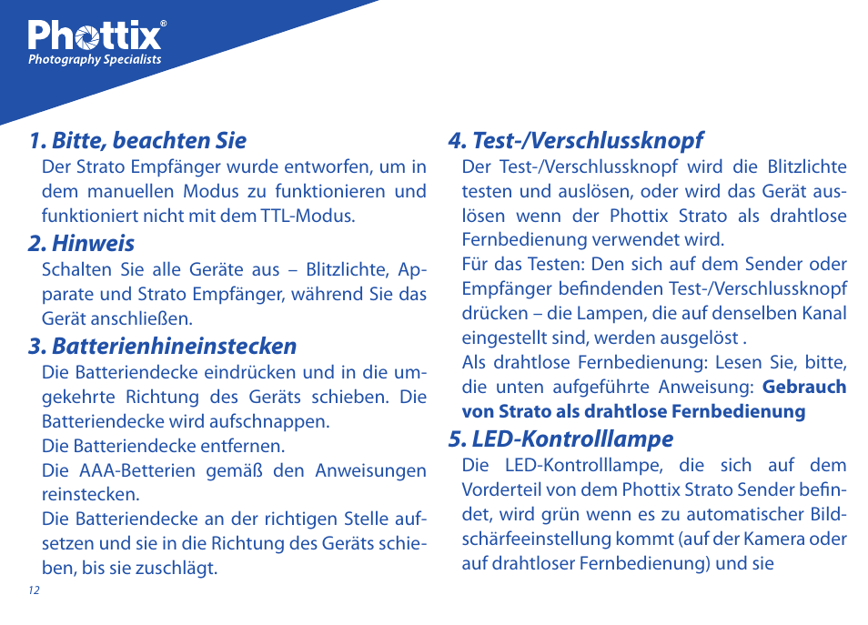 Bitte, beachten sie, Hinweis, Batterienhineinstecken | Test-/verschlussknopf, Led-kontrolllampe | Phottix Strato User Manual | Page 12 / 80